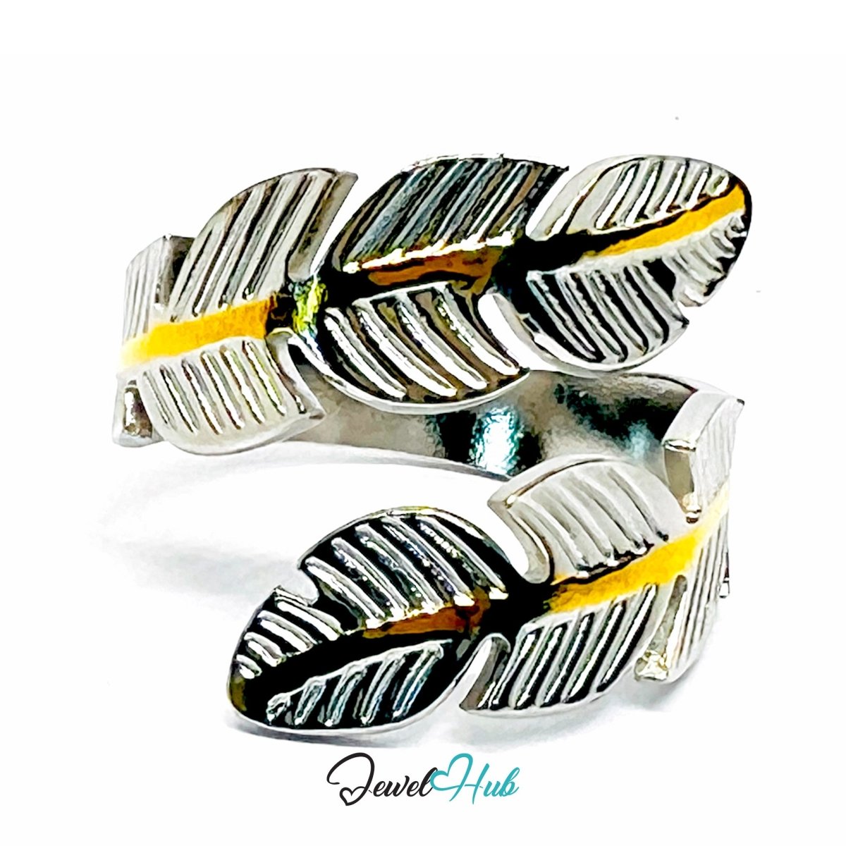 Duotone Leaf Ring · Stainless Steel · Adjustable MNOPQ · Silver Focus - JewelHub.co.uk