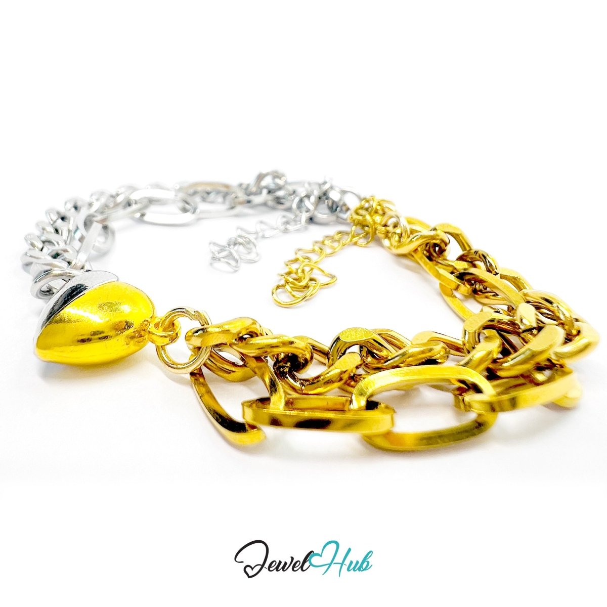 DuoTone Magnetic Titanium Steel Gold and Silver Silver Bracelet with Heart Clasp - JewelHub.co.uk