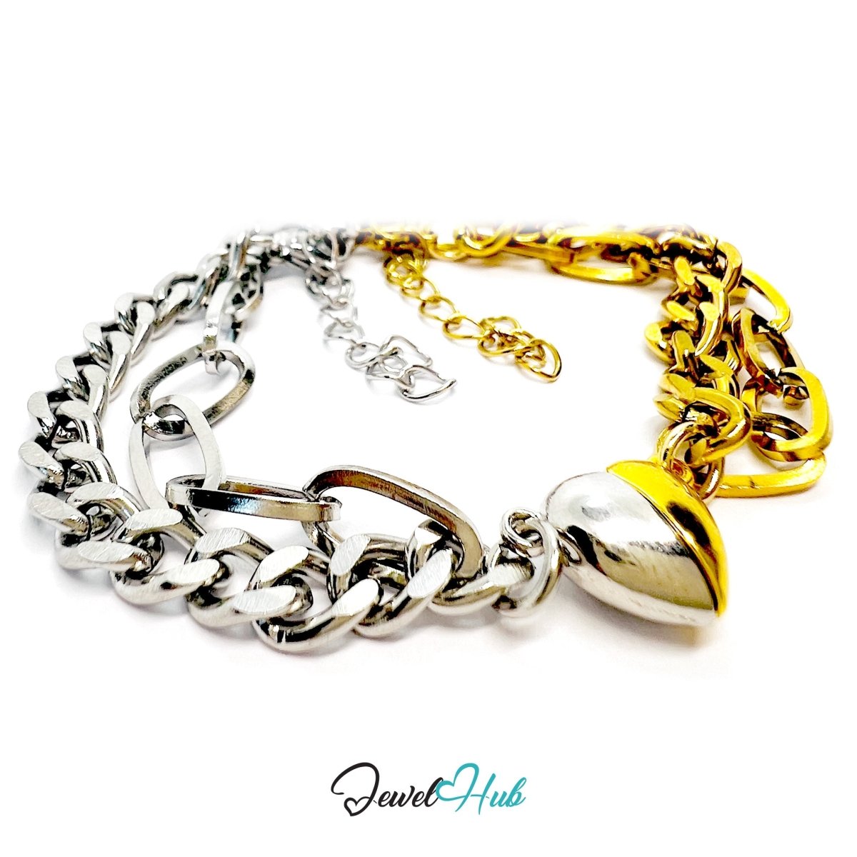 DuoTone Magnetic Titanium Steel Gold and Silver Silver Bracelet with Heart Clasp - JewelHub.co.uk