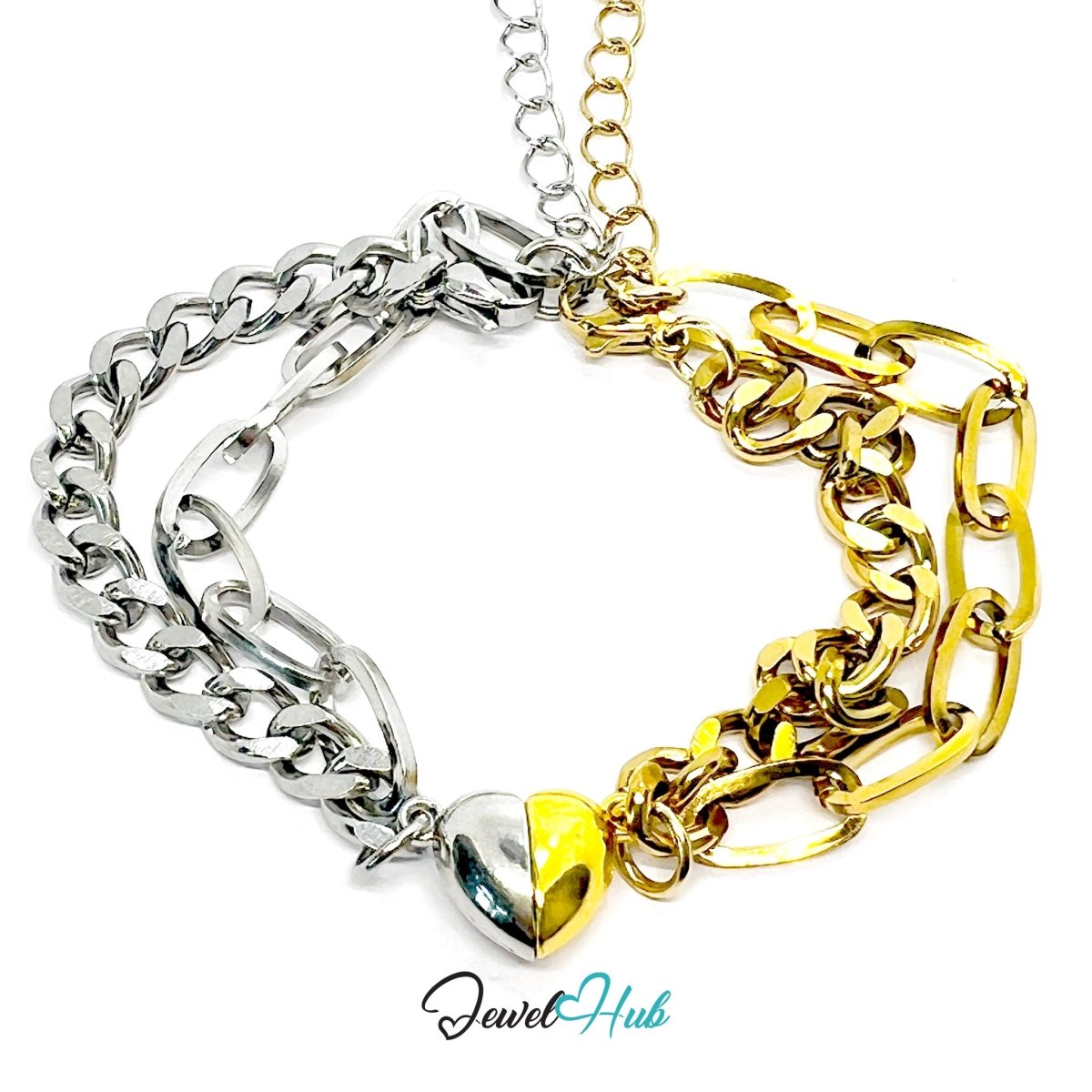 DuoTone Magnetic Titanium Steel Gold and Silver Silver Bracelet with Heart Clasp - JewelHub.co.uk