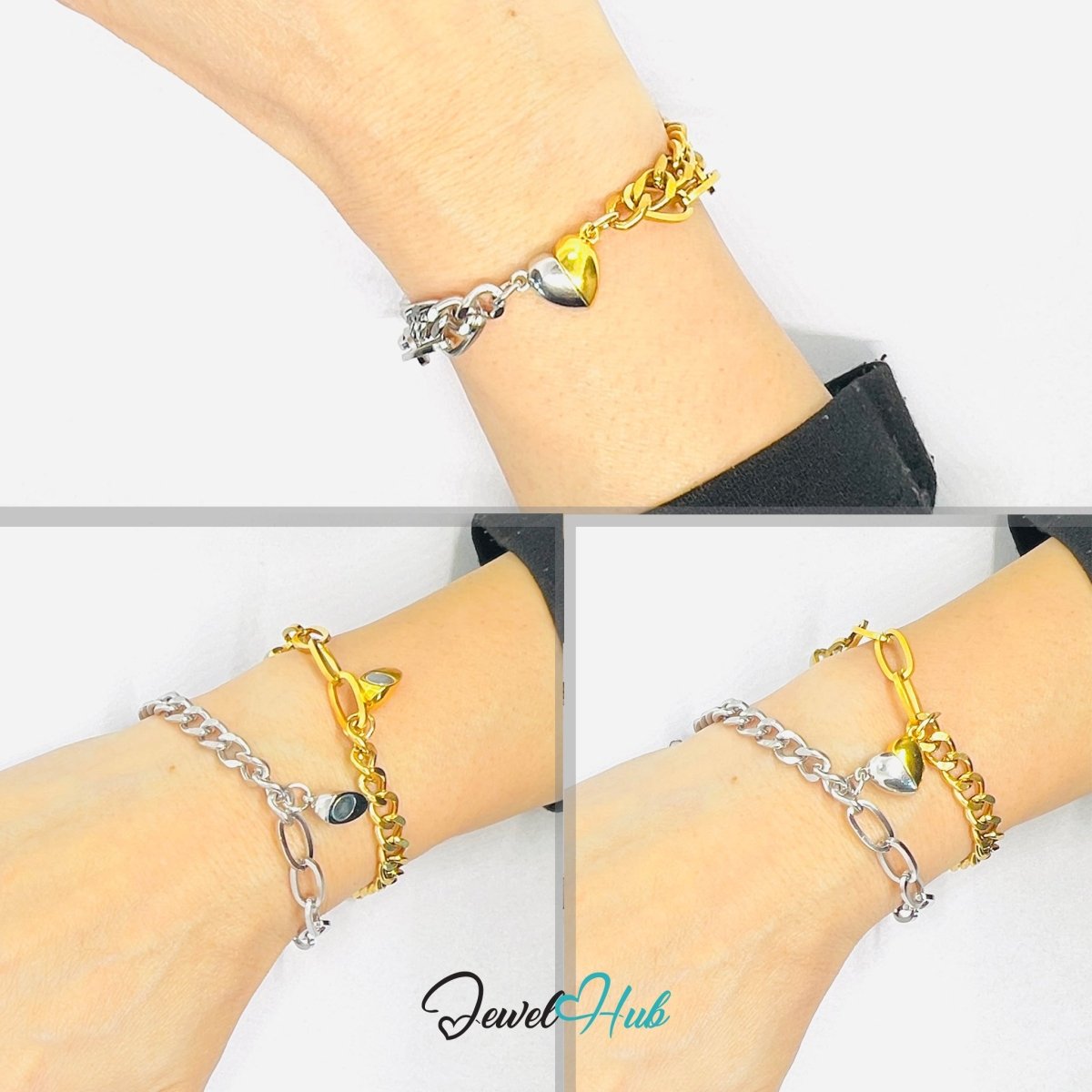 DuoTone Magnetic Titanium Steel Gold and Silver Silver Bracelet with Heart Clasp - JewelHub.co.uk