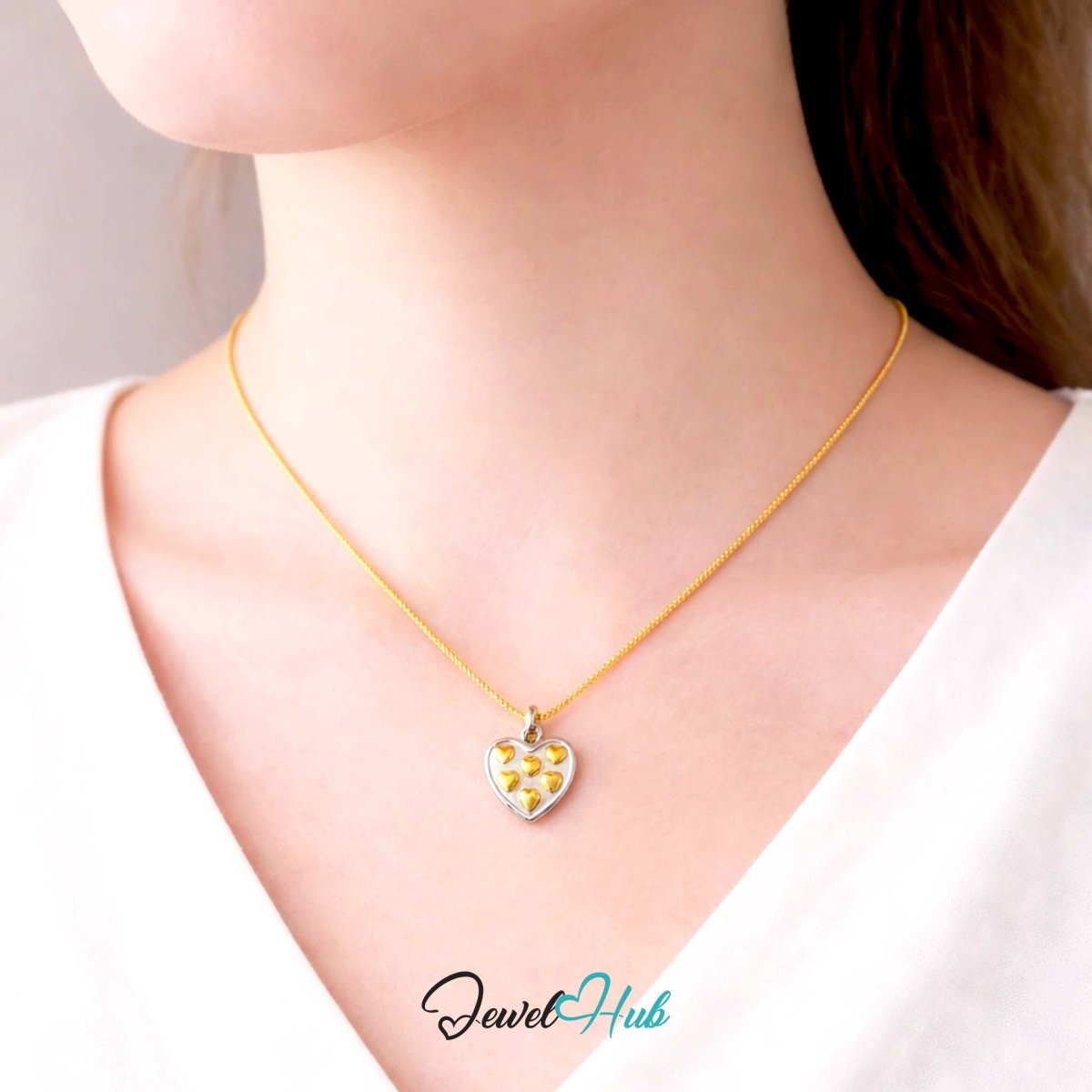 DuoTone Multi Heart Cluster Pendant Gold Motifs Silver Base Charm - JewelHub.co.uk