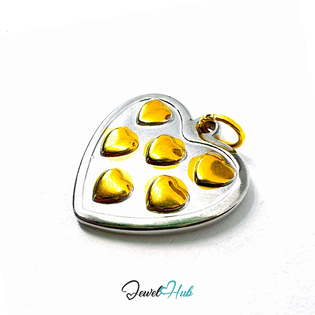 DuoTone Multi Heart Cluster Pendant Gold Motifs Silver Base Charm - JewelHub.co.uk