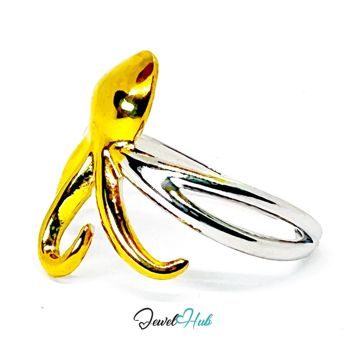 DuoTone OctoDance Ring · Stainless Steel · Adjustable MNOPQ · Gold Octopus & Silver Band - JewelHub.co.uk