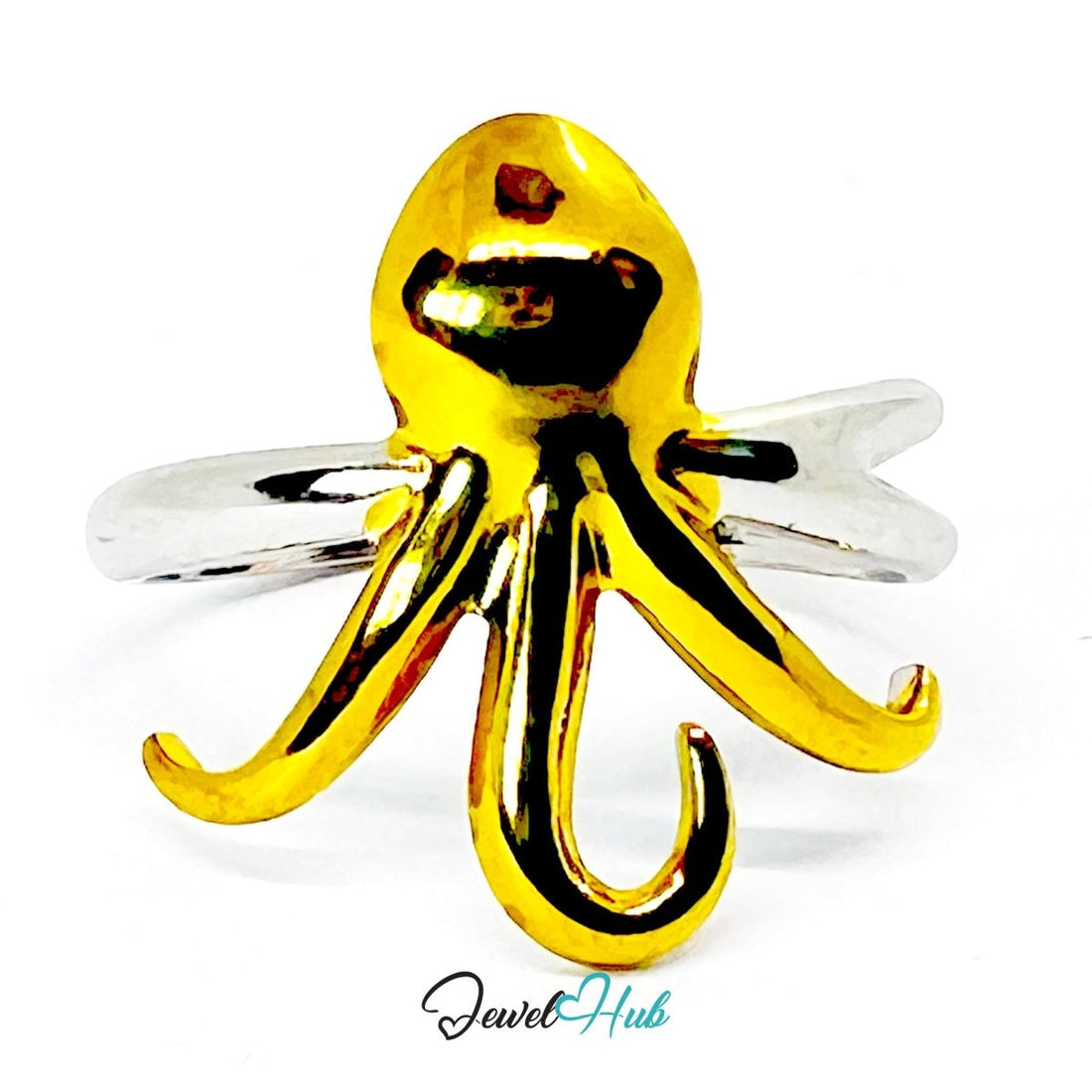 DuoTone OctoDance Ring · Stainless Steel · Adjustable MNOPQ · Gold Octopus & Silver Band - JewelHub.co.uk