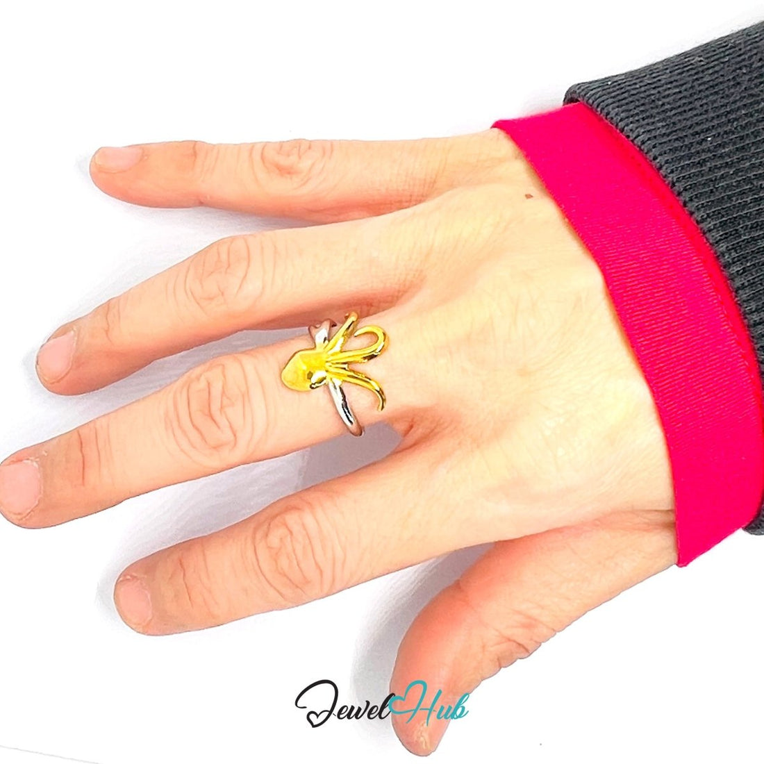 DuoTone OctoDance Ring · Stainless Steel · Adjustable MNOPQ · Gold Octopus & Silver Band - JewelHub.co.uk