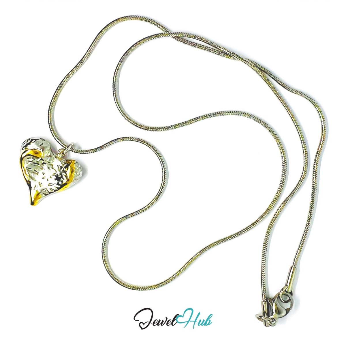 DuoTone Organic Texture Heart Pendant Gold Edge Silver Steel Charm - JewelHub.co.uk