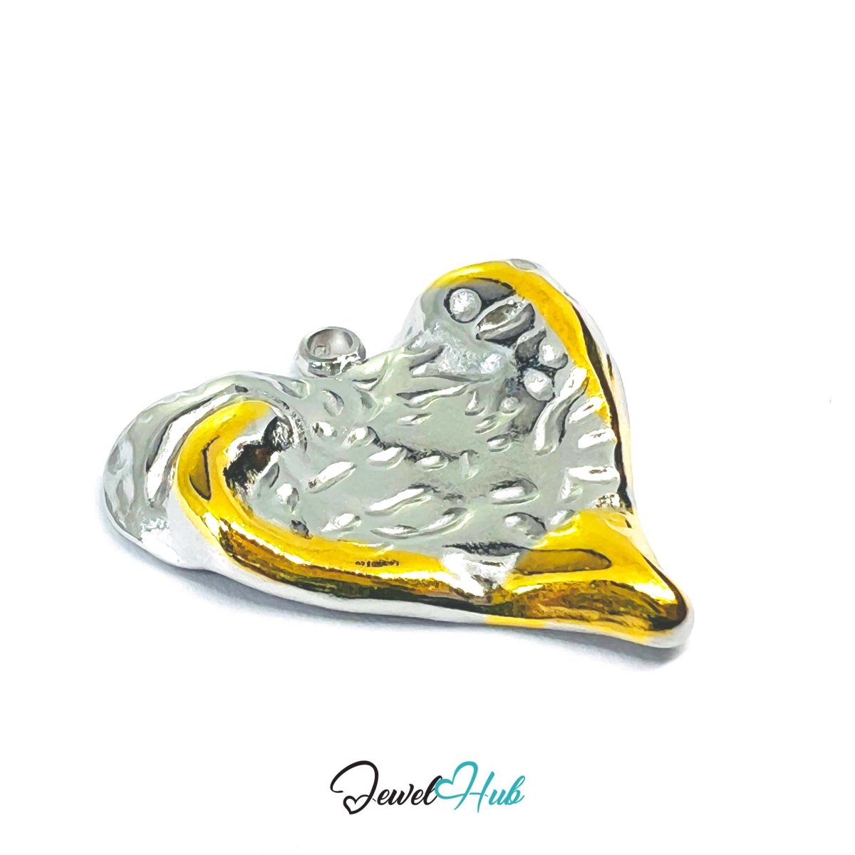 DuoTone Organic Texture Heart Pendant Gold Edge Silver Steel Charm - JewelHub.co.uk