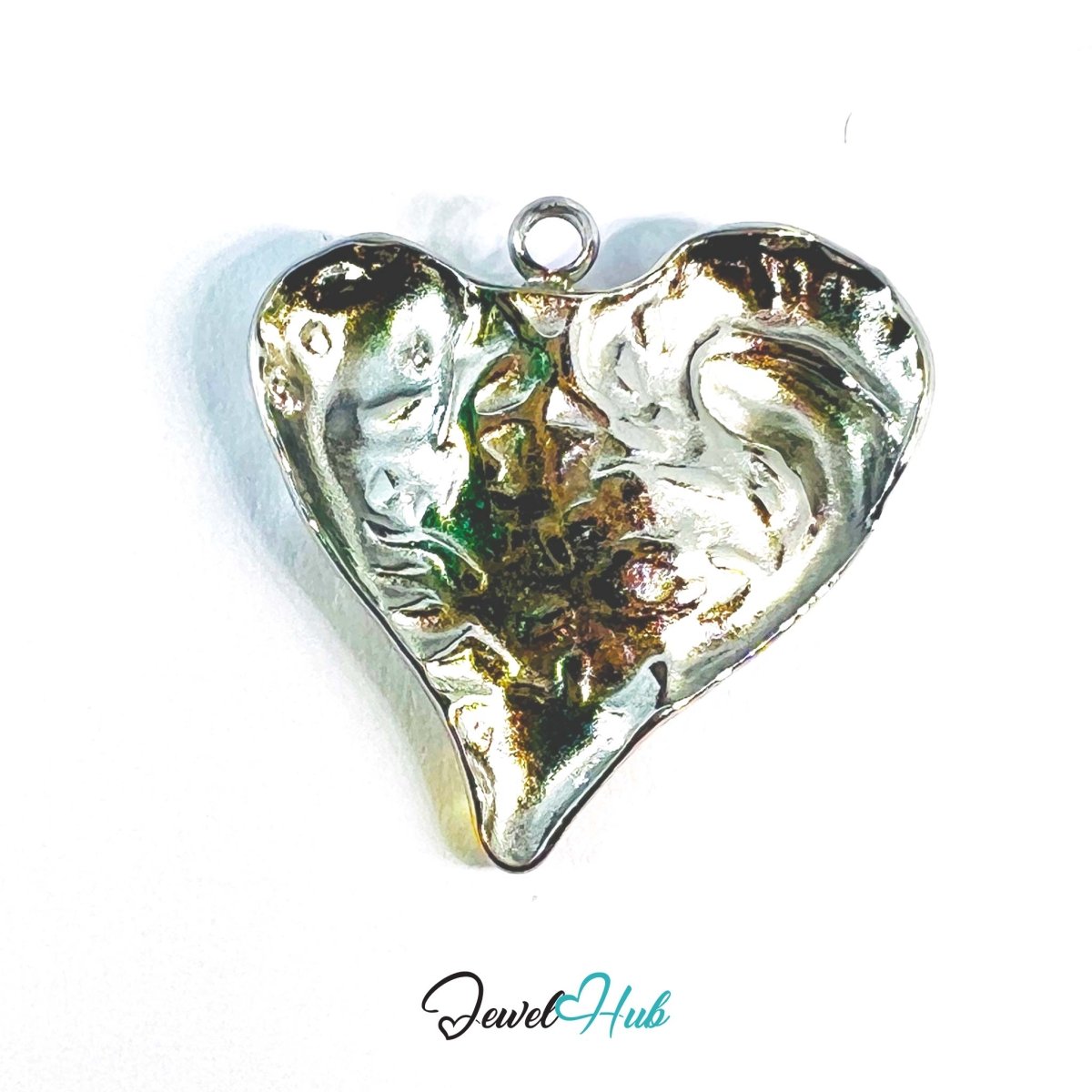 DuoTone Organic Texture Heart Pendant Gold Edge Silver Steel Charm - JewelHub.co.uk