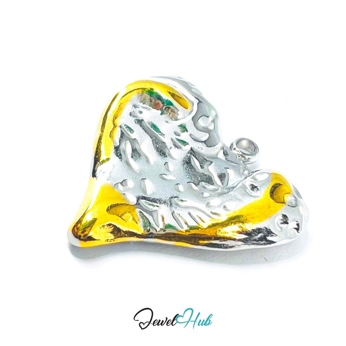 DuoTone Organic Texture Heart Pendant Gold Edge Silver Steel Charm - JewelHub.co.uk