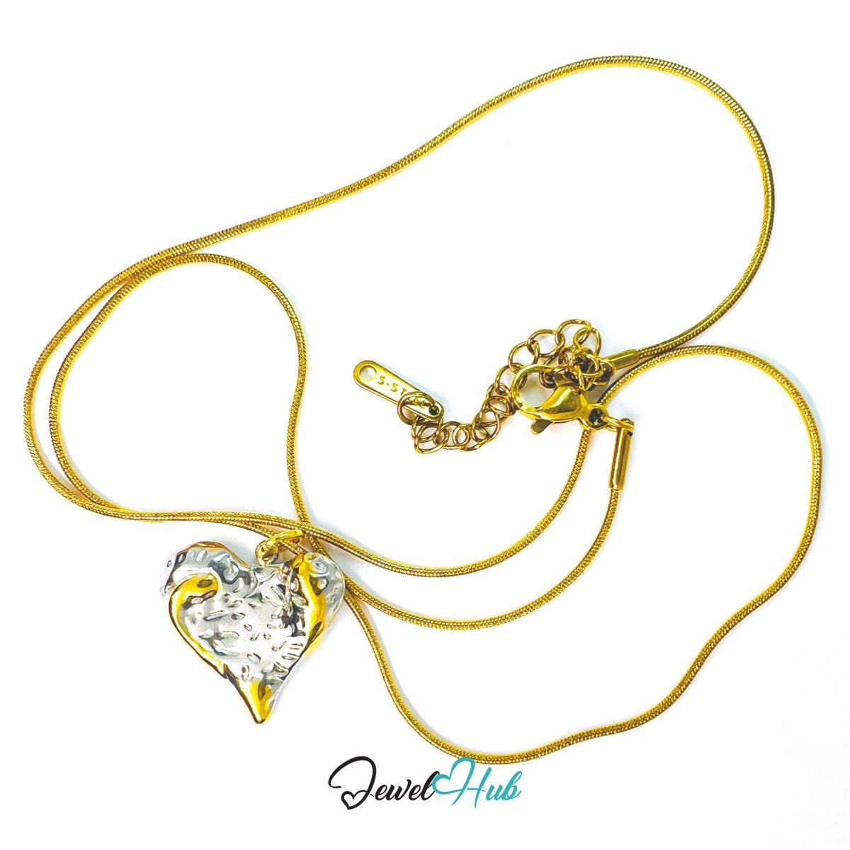 DuoTone Organic Texture Heart Pendant Gold Edge Silver Steel Charm - JewelHub.co.uk