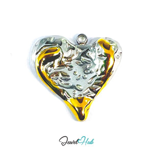 DuoTone Organic Texture Heart Pendant Gold Edge Silver Steel Charm - JewelHub.co.uk