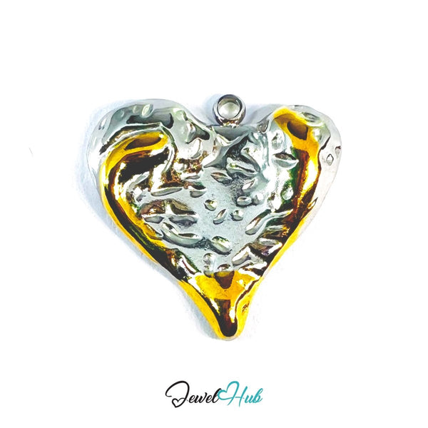 DuoTone Organic Texture Heart Pendant Gold Edge Silver Steel Charm - JewelHub.co.uk