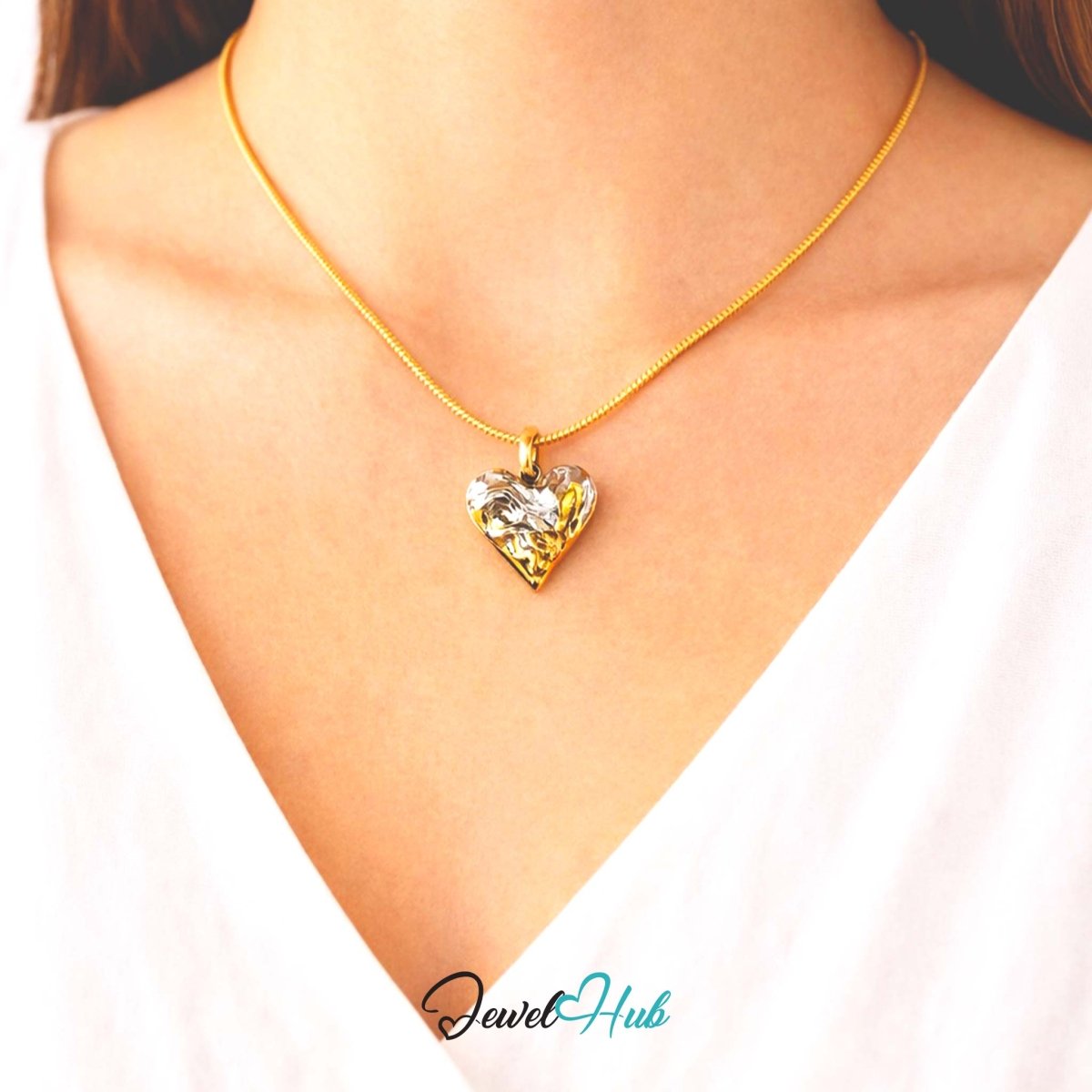 DuoTone Organic Texture Heart Pendant Gold Edge Silver Steel Charm - JewelHub.co.uk