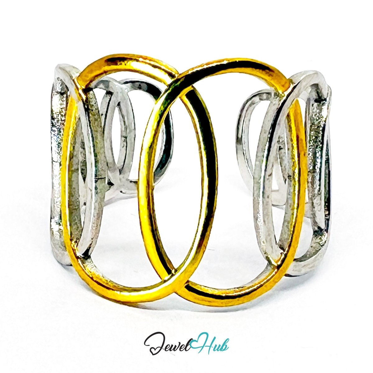 DuoTone OvalLink Ring · Stainless Steel · Adjustable OPQRS · Gold & Silver Interlocking Loops - JewelHub.co.uk