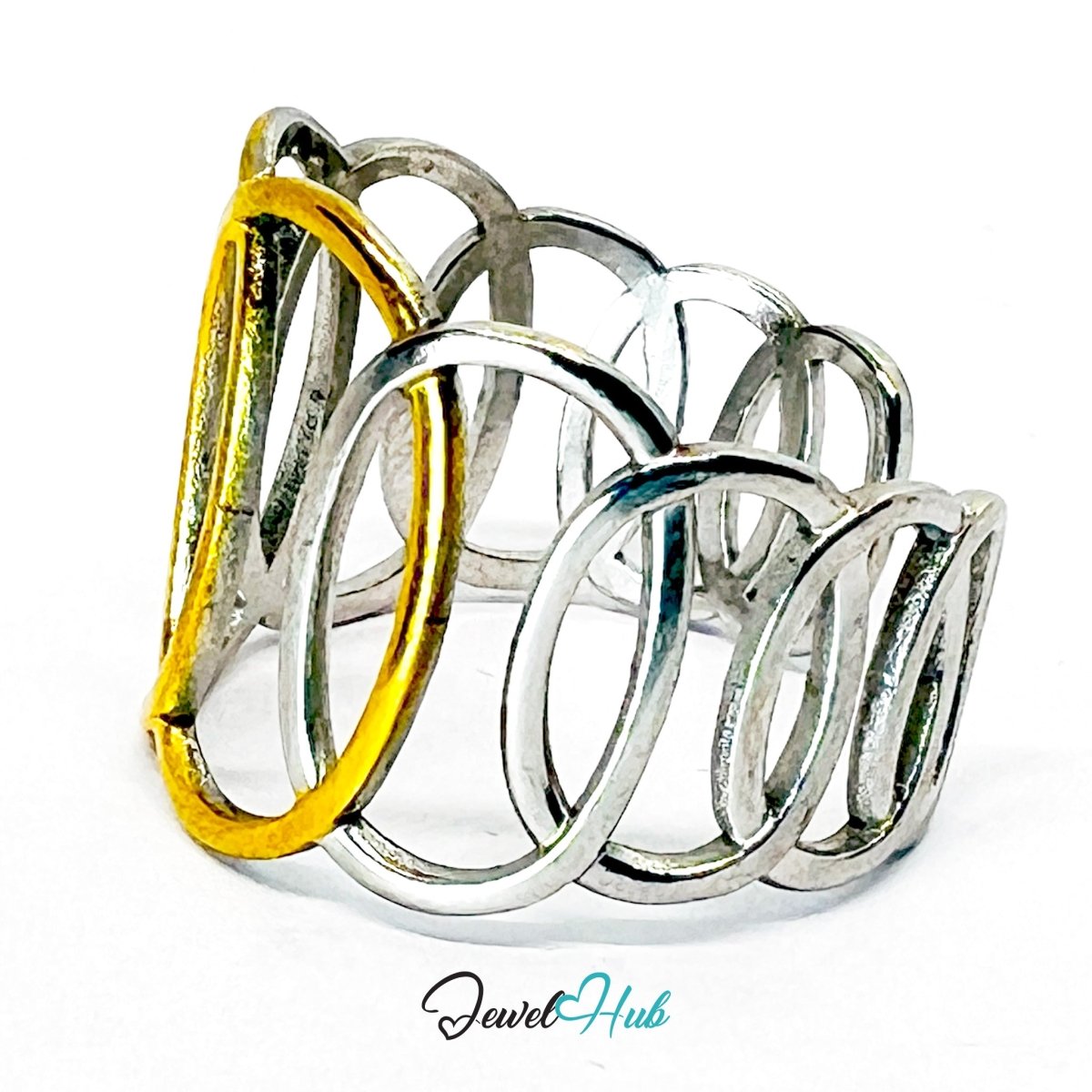 DuoTone OvalLink Ring · Stainless Steel · Adjustable OPQRS · Gold & Silver Interlocking Loops - JewelHub.co.uk
