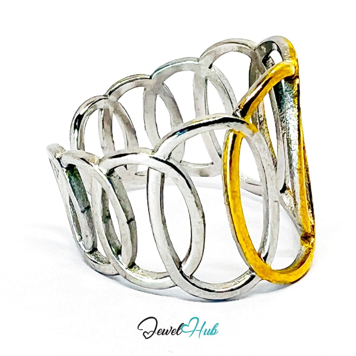 DuoTone OvalLink Ring · Stainless Steel · Adjustable OPQRS · Gold & Silver Interlocking Loops - JewelHub.co.uk