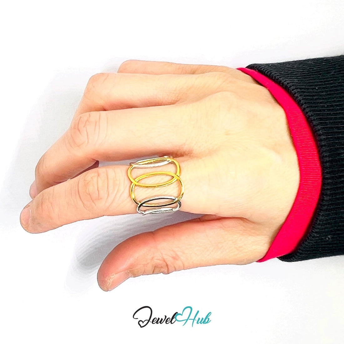 DuoTone OvalLink Ring · Stainless Steel · Adjustable OPQRS · Gold & Silver Interlocking Loops - JewelHub.co.uk