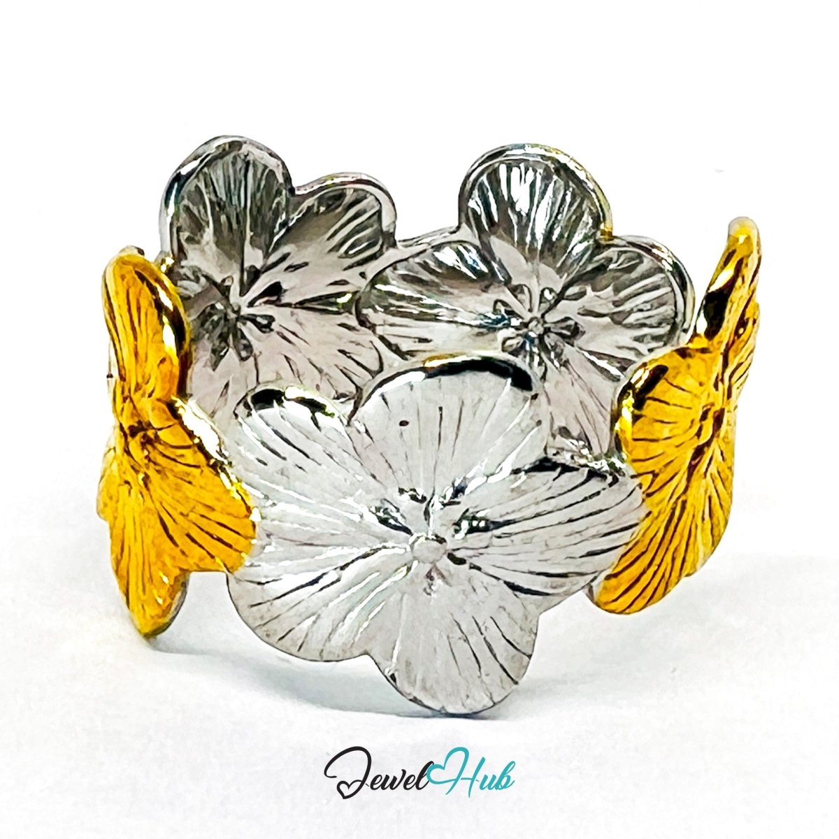 DuoTone PeachBloom Ring · Stainless Steel · Adjustable MNOPQ · Gold & Silver Floral Band - JewelHub.co.uk