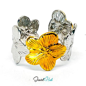 DuoTone PeachBloom Ring · Stainless Steel · Adjustable MNOPQ · Gold & Silver Floral Band - JewelHub.co.uk