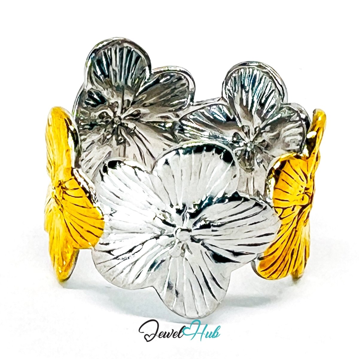DuoTone PeachBloom Ring · Stainless Steel · Adjustable MNOPQ · Gold & Silver Floral Band - JewelHub.co.uk