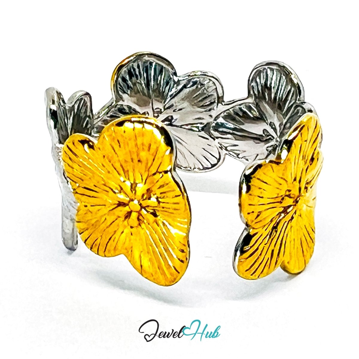 DuoTone PeachBloom Ring · Stainless Steel · Adjustable MNOPQ · Gold & Silver Floral Band - JewelHub.co.uk
