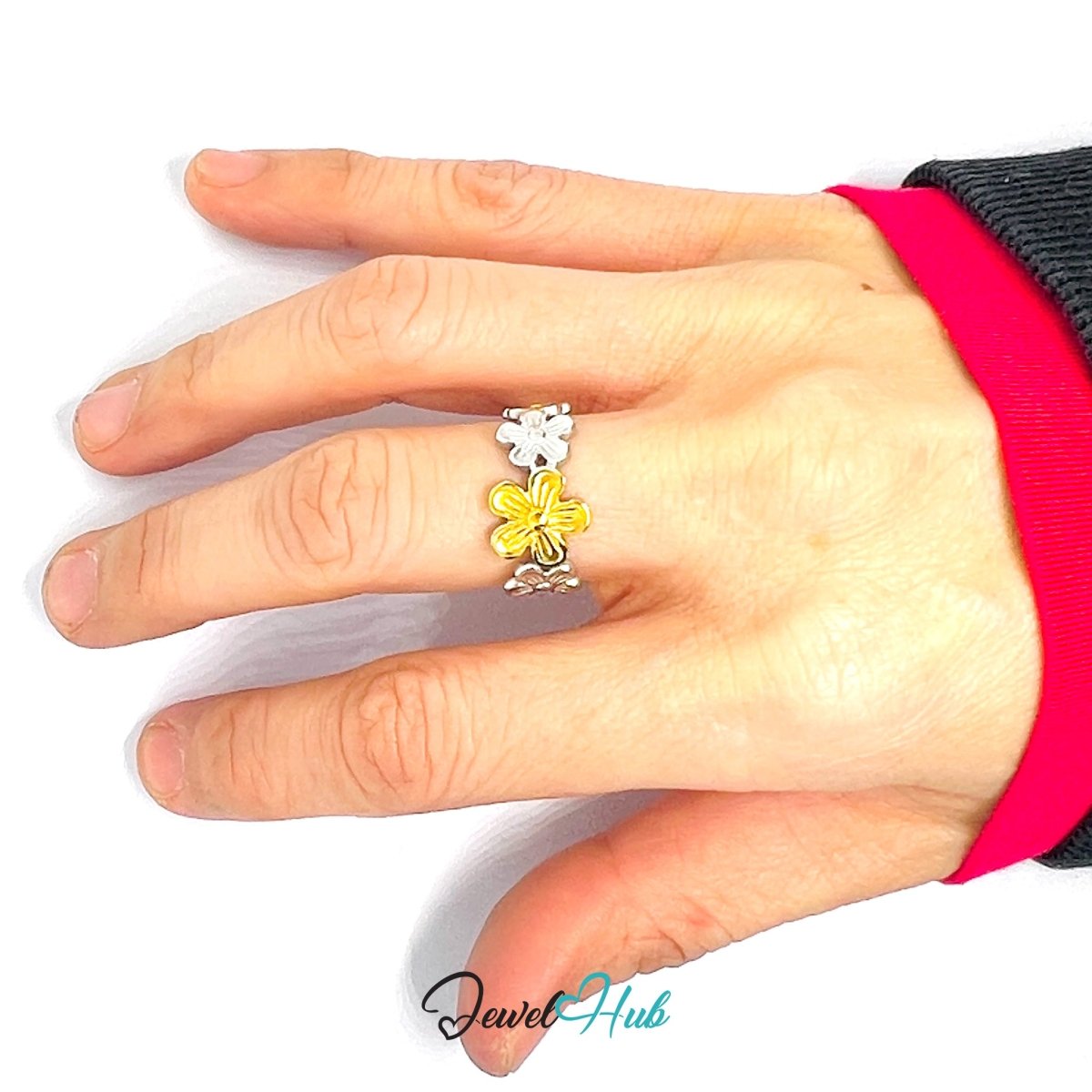 DuoTone PeachBloom Ring · Stainless Steel · Adjustable MNOPQ · Gold & Silver Floral Band - JewelHub.co.uk
