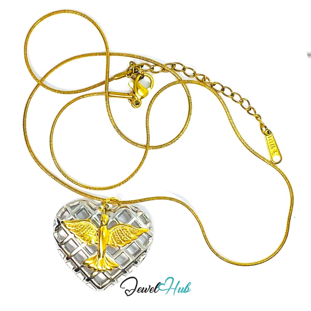 DuoTone Phoenix Heart Pendant Gold Bird Silver Grid Steel Charm - JewelHub.co.uk