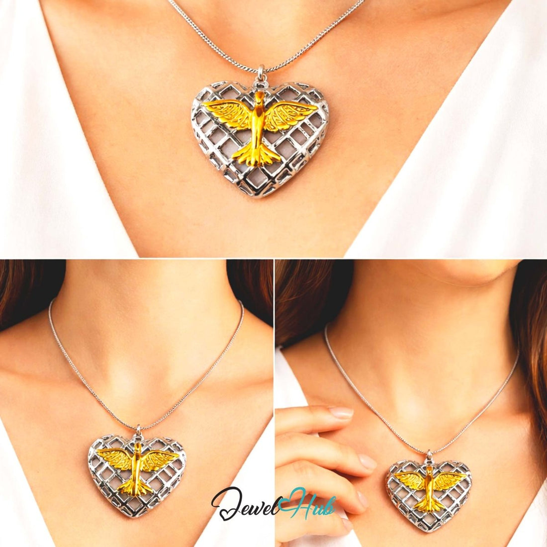 DuoTone Phoenix Heart Pendant Gold Bird Silver Grid Steel Charm - JewelHub.co.uk