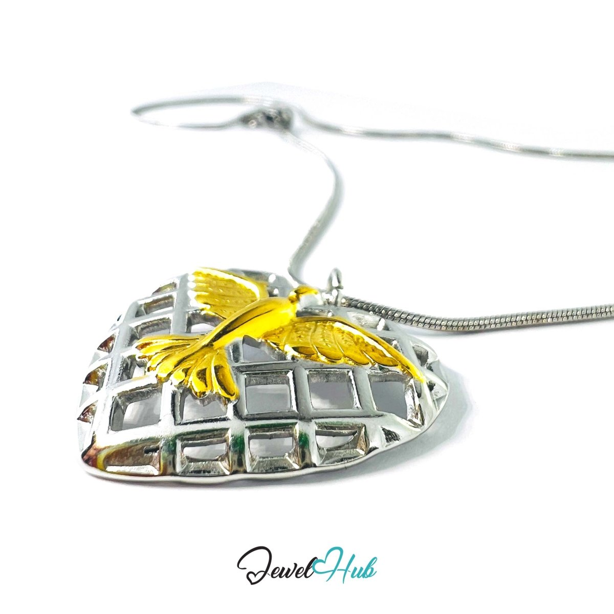 DuoTone Phoenix Heart Pendant Gold Bird Silver Grid Steel Charm - JewelHub.co.uk