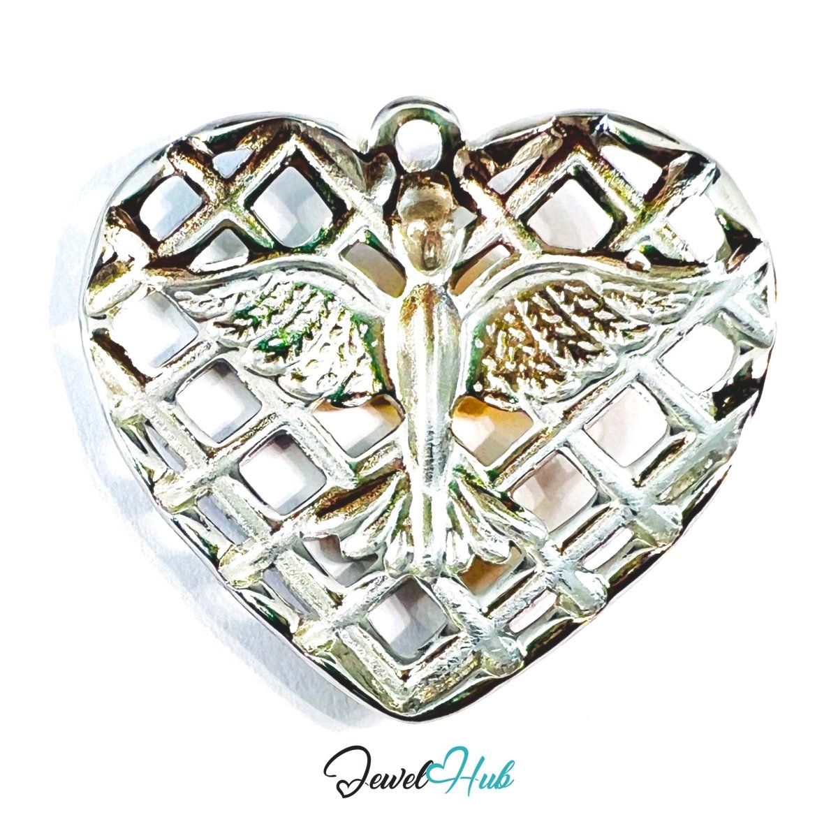 DuoTone Phoenix Heart Pendant Gold Bird Silver Grid Steel Charm - JewelHub.co.uk