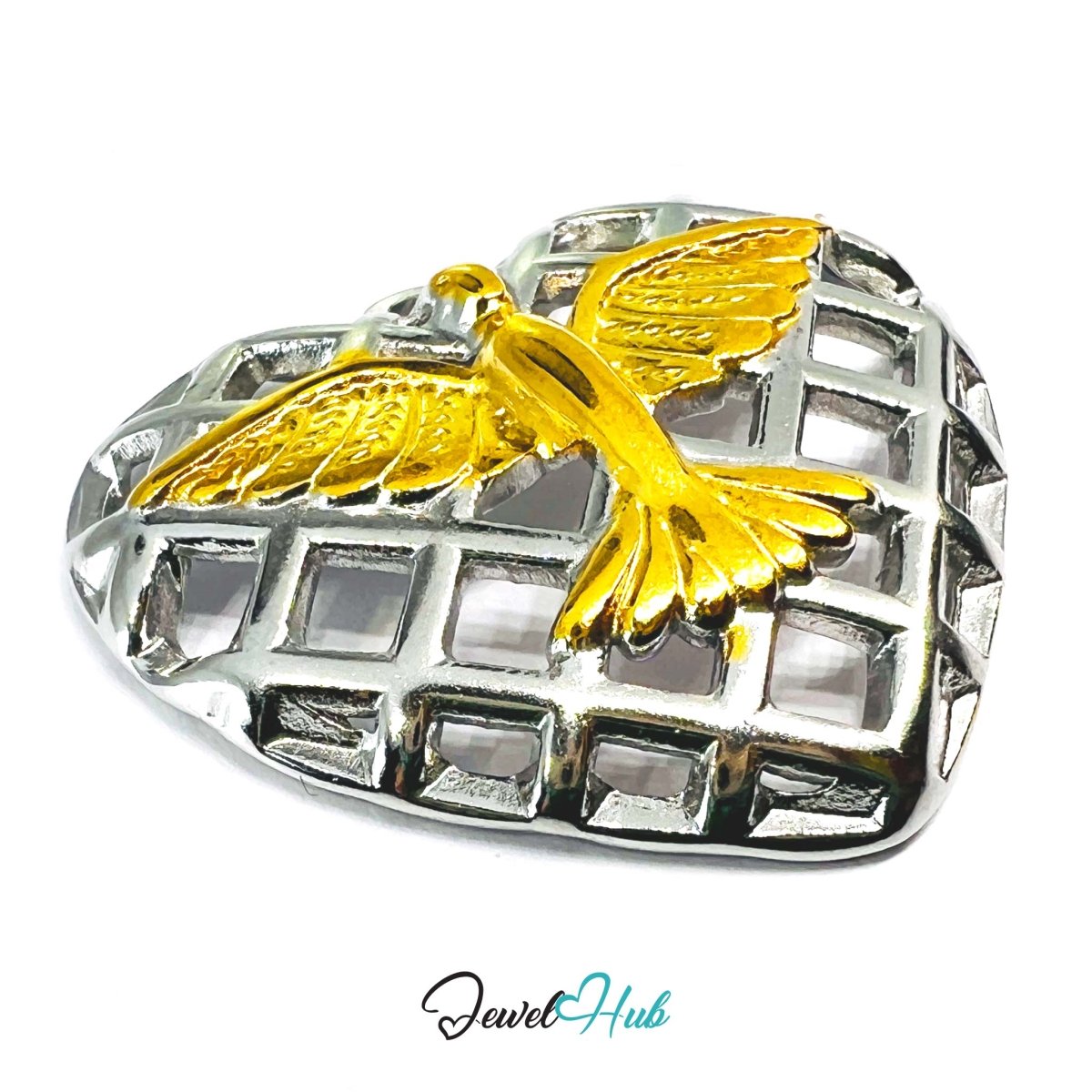 DuoTone Phoenix Heart Pendant Gold Bird Silver Grid Steel Charm - JewelHub.co.uk