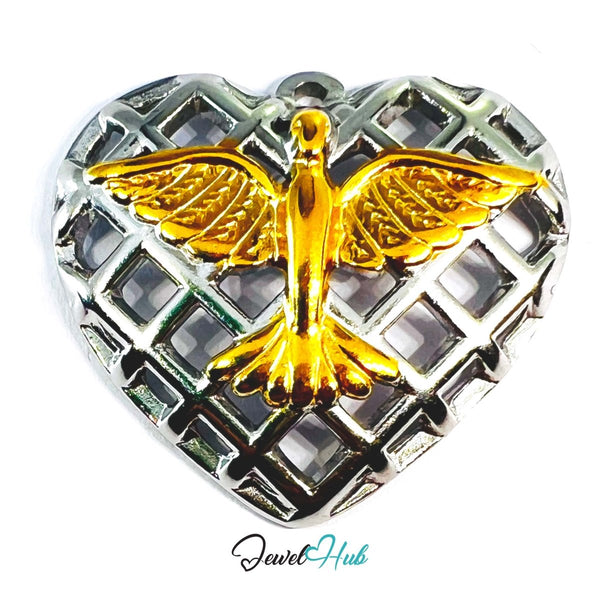 DuoTone Phoenix Heart Pendant Gold Bird Silver Grid Steel Charm - JewelHub.co.uk