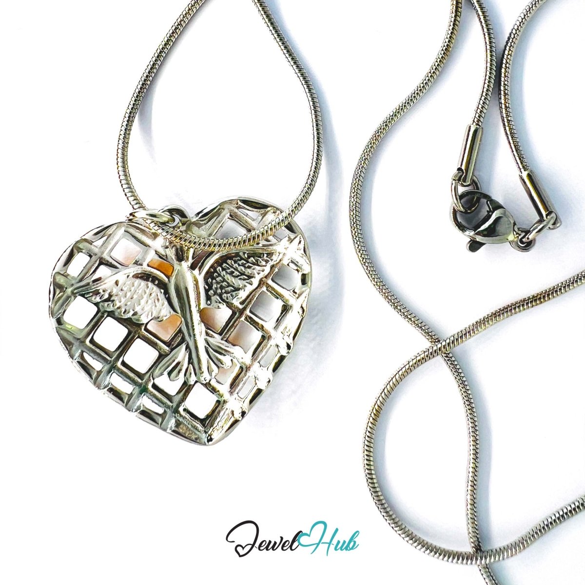 DuoTone Phoenix Heart Pendant Gold Bird Silver Grid Steel Charm - JewelHub.co.uk