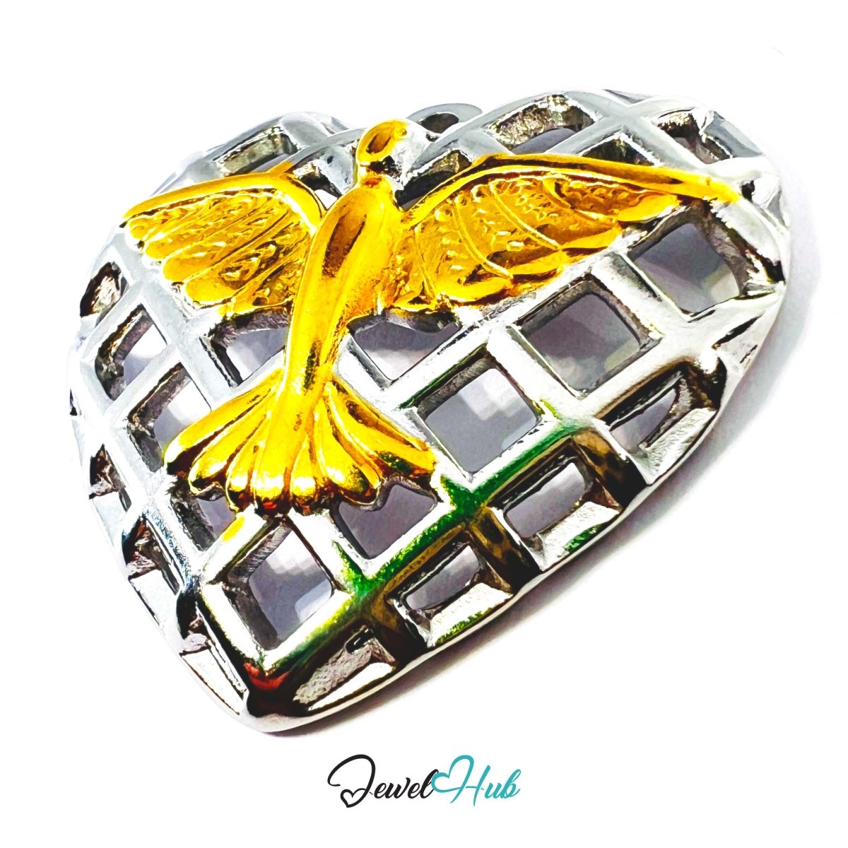 DuoTone Phoenix Heart Pendant Gold Bird Silver Grid Steel Charm - JewelHub.co.uk