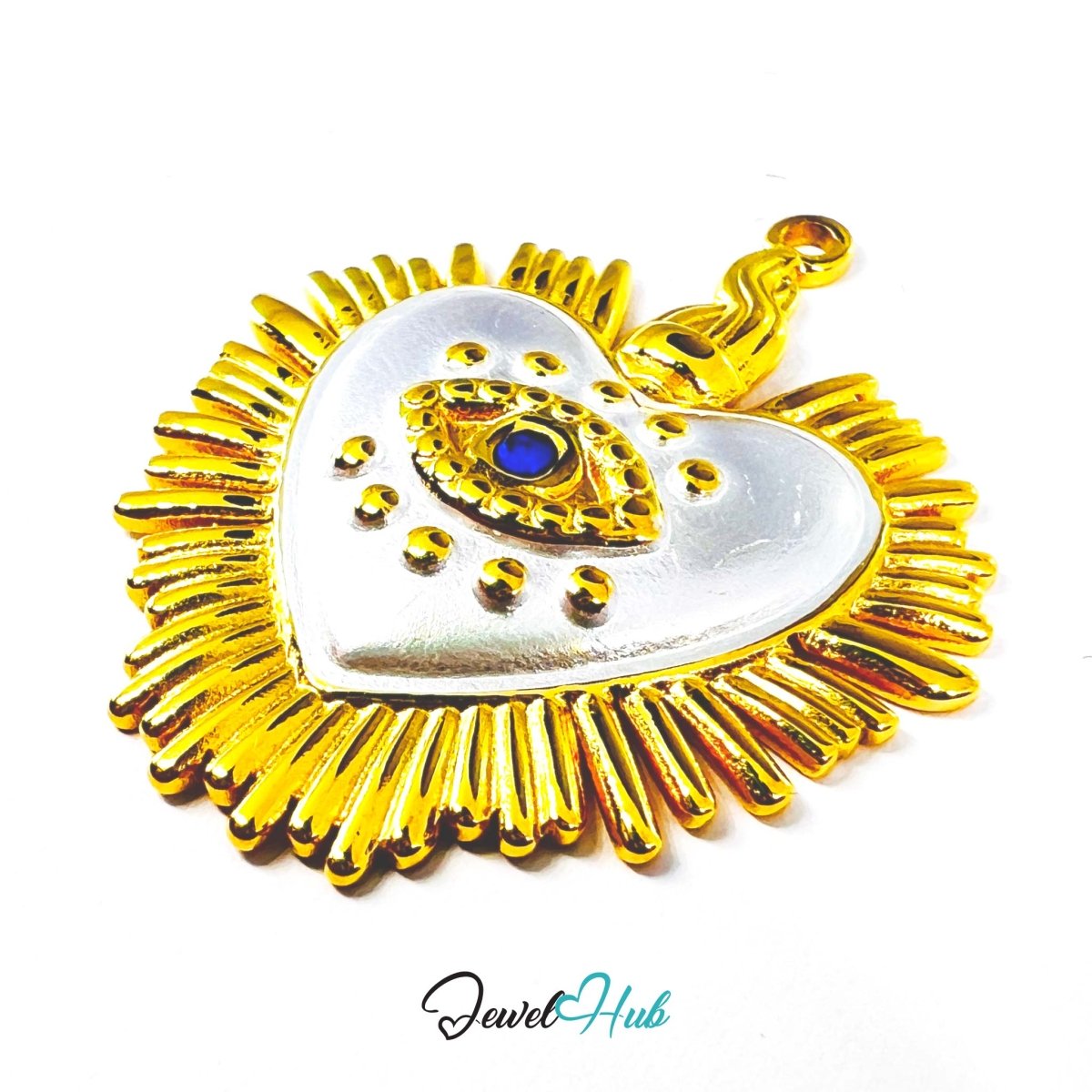 DuoTone Radiant Eye Heart Pendant Gold Sunburst Blue Stone Charm - JewelHub.co.uk