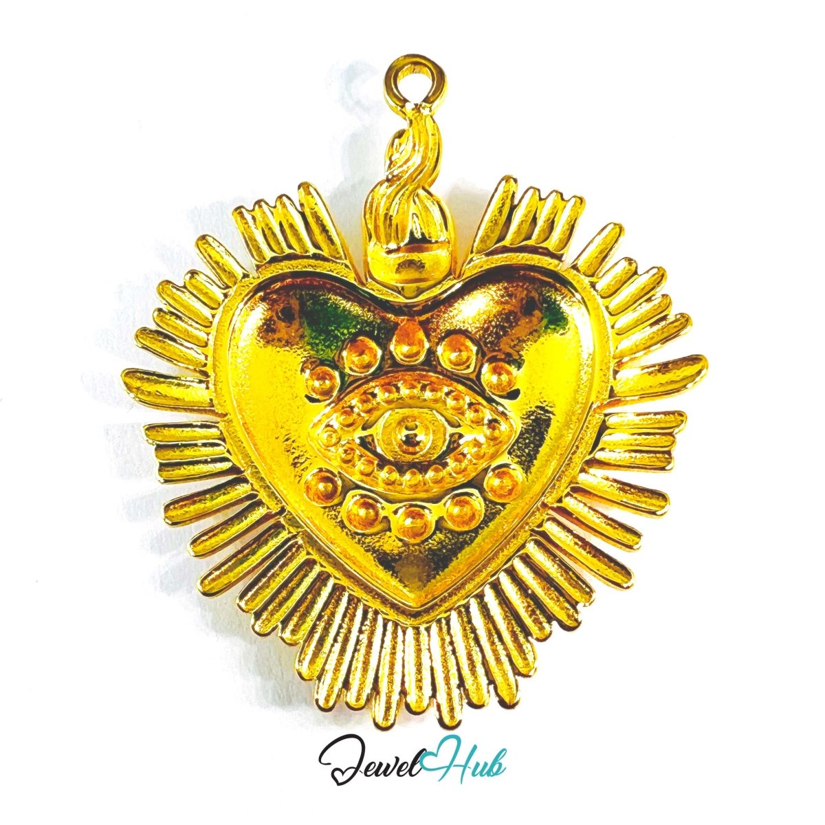 DuoTone Radiant Eye Heart Pendant Gold Sunburst Blue Stone Charm - JewelHub.co.uk