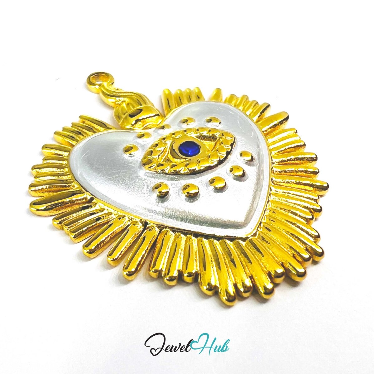 DuoTone Radiant Eye Heart Pendant Gold Sunburst Blue Stone Charm - JewelHub.co.uk