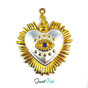 DuoTone Radiant Eye Heart Pendant Gold Sunburst Blue Stone Charm - JewelHub.co.uk