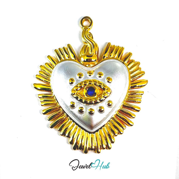 DuoTone Radiant Eye Heart Pendant Gold Sunburst Blue Stone Charm - JewelHub.co.uk