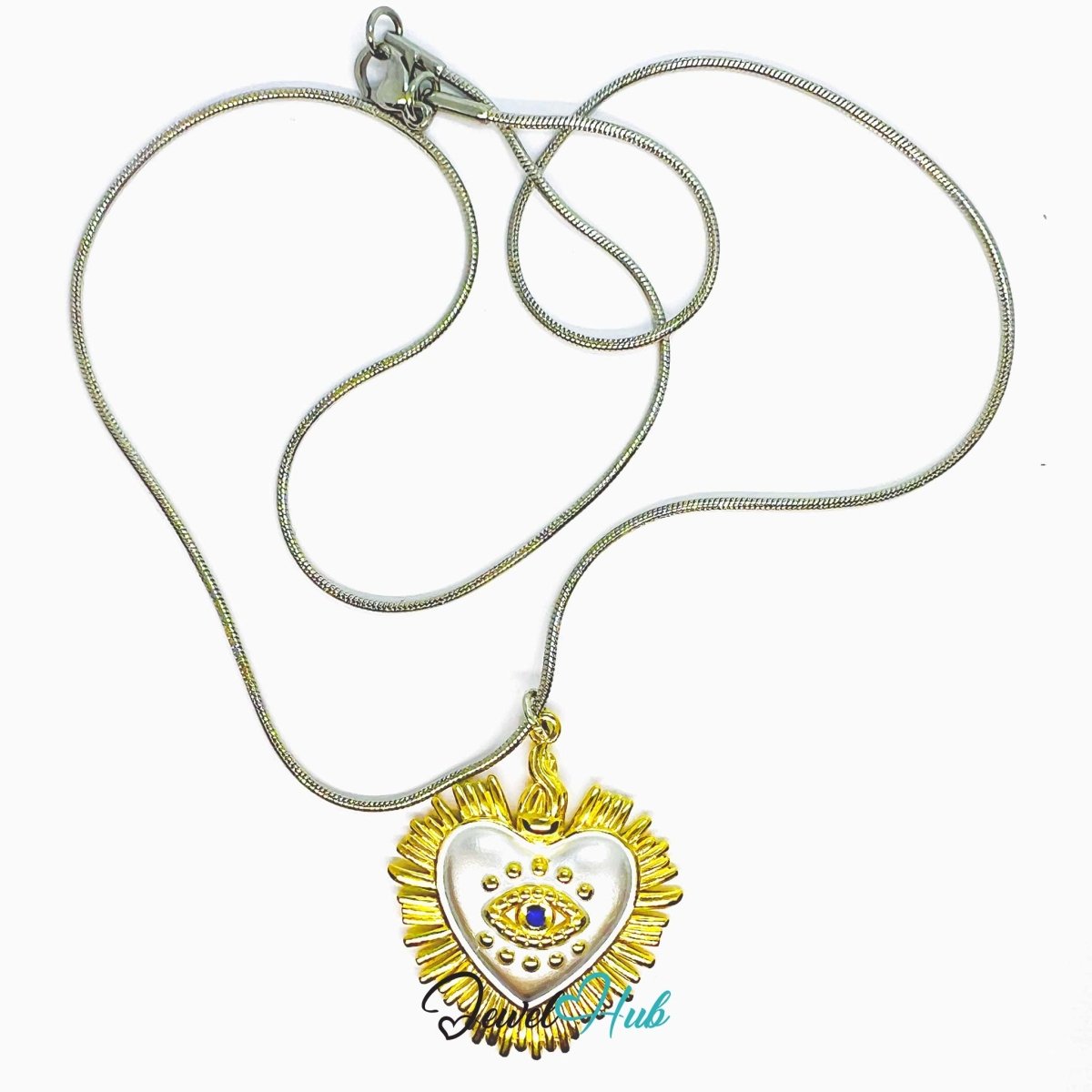 DuoTone Radiant Eye Heart Pendant Gold Sunburst Blue Stone Charm - JewelHub.co.uk