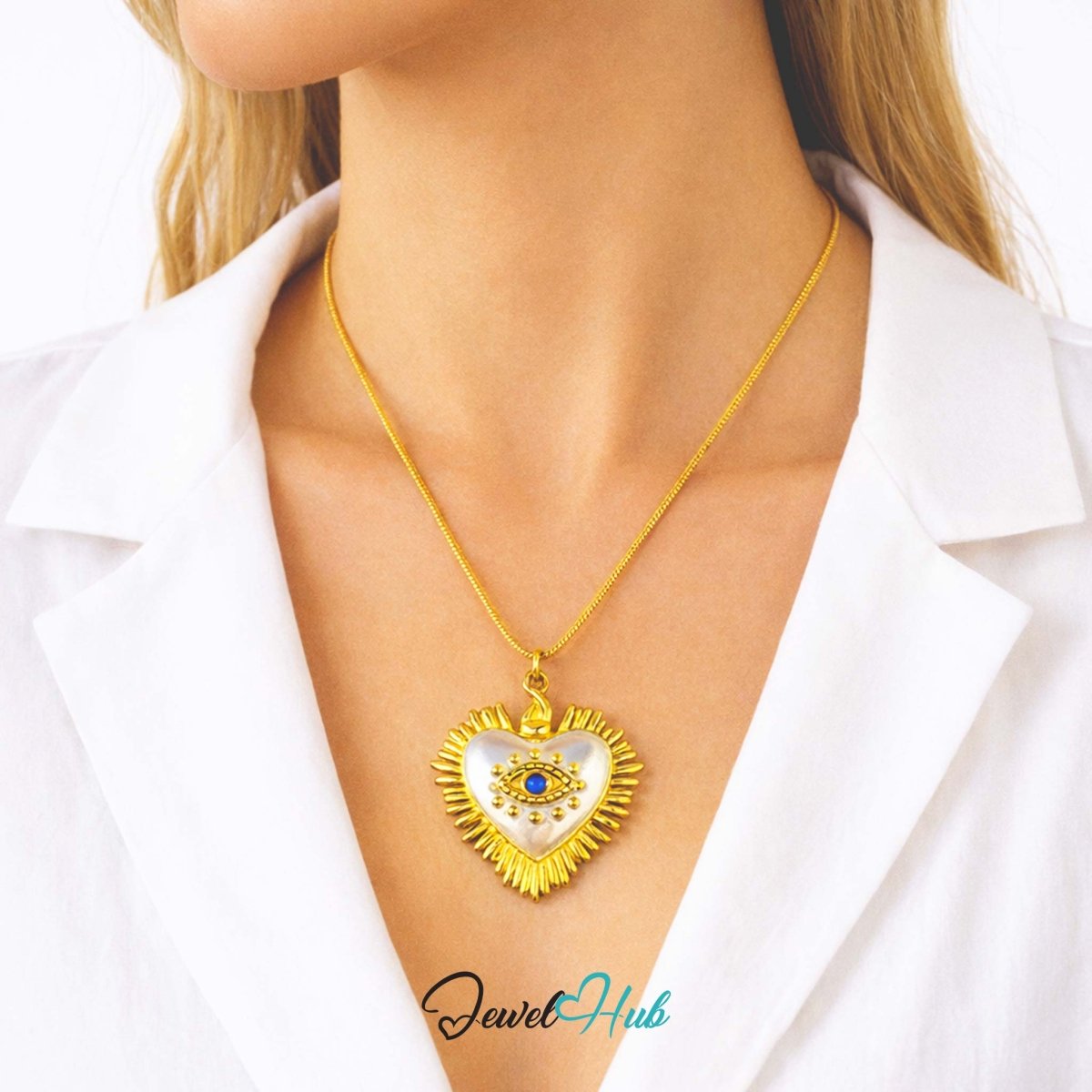 DuoTone Radiant Eye Heart Pendant Gold Sunburst Blue Stone Charm - JewelHub.co.uk
