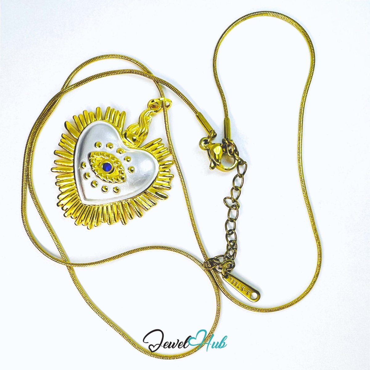 DuoTone Radiant Eye Heart Pendant Gold Sunburst Blue Stone Charm - JewelHub.co.uk