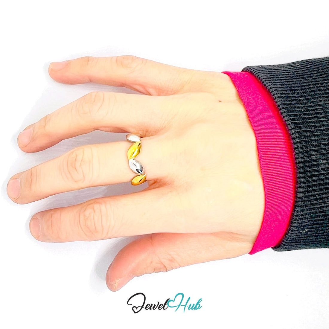 DuoTone Rhythm Leaf Ring · Stainless Steel · Adjustable MNOPQ · Gold & Silver - JewelHub.co.uk