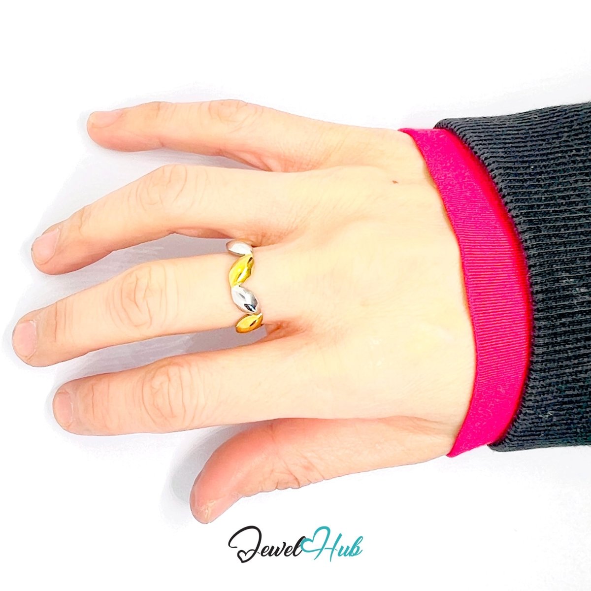 DuoTone Rhythm Leaf Ring · Stainless Steel · Adjustable MNOPQ · Gold & Silver - JewelHub.co.uk