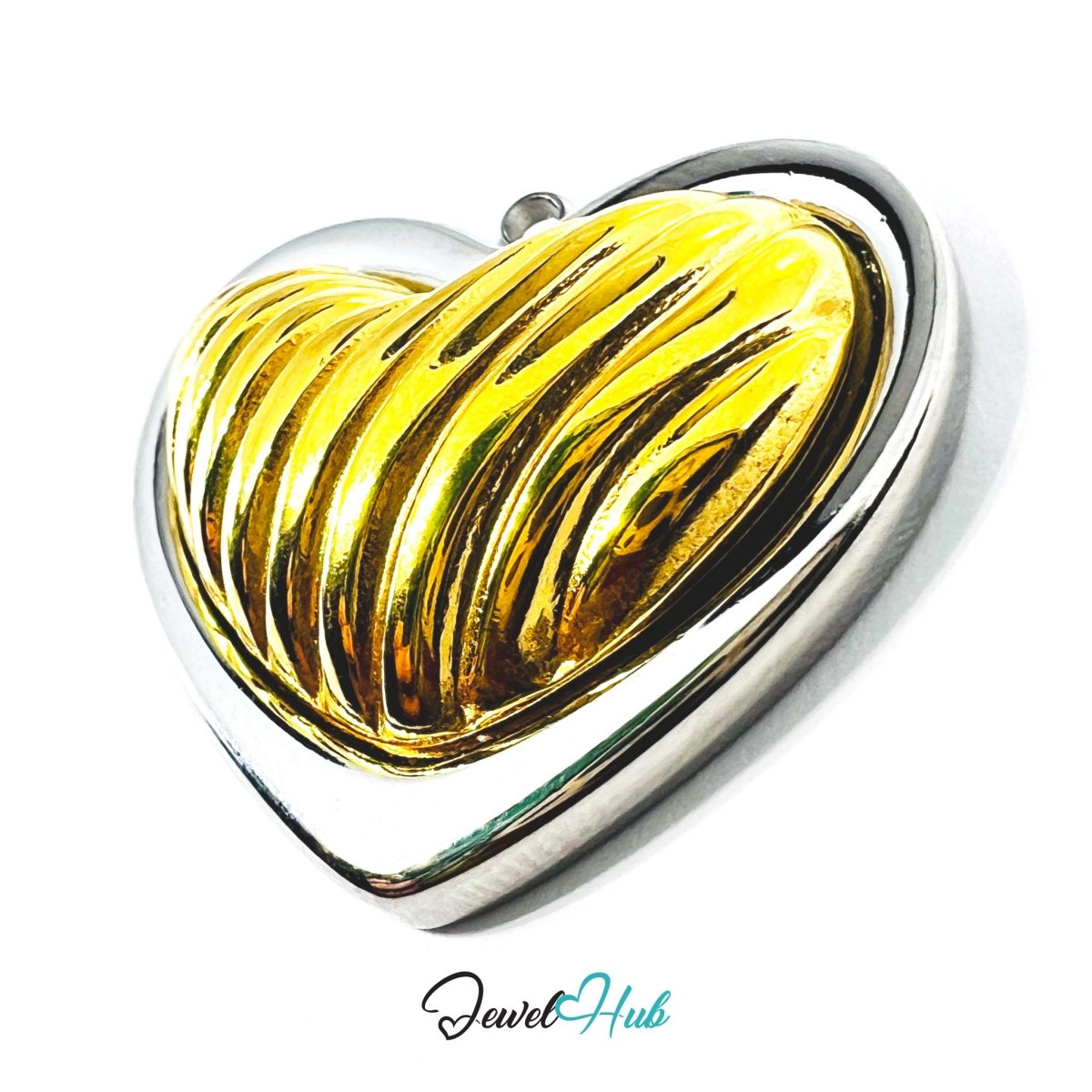 DuoTone Ribbed Gold Heart Pendant Silver Outline Steel Charm - JewelHub.co.uk