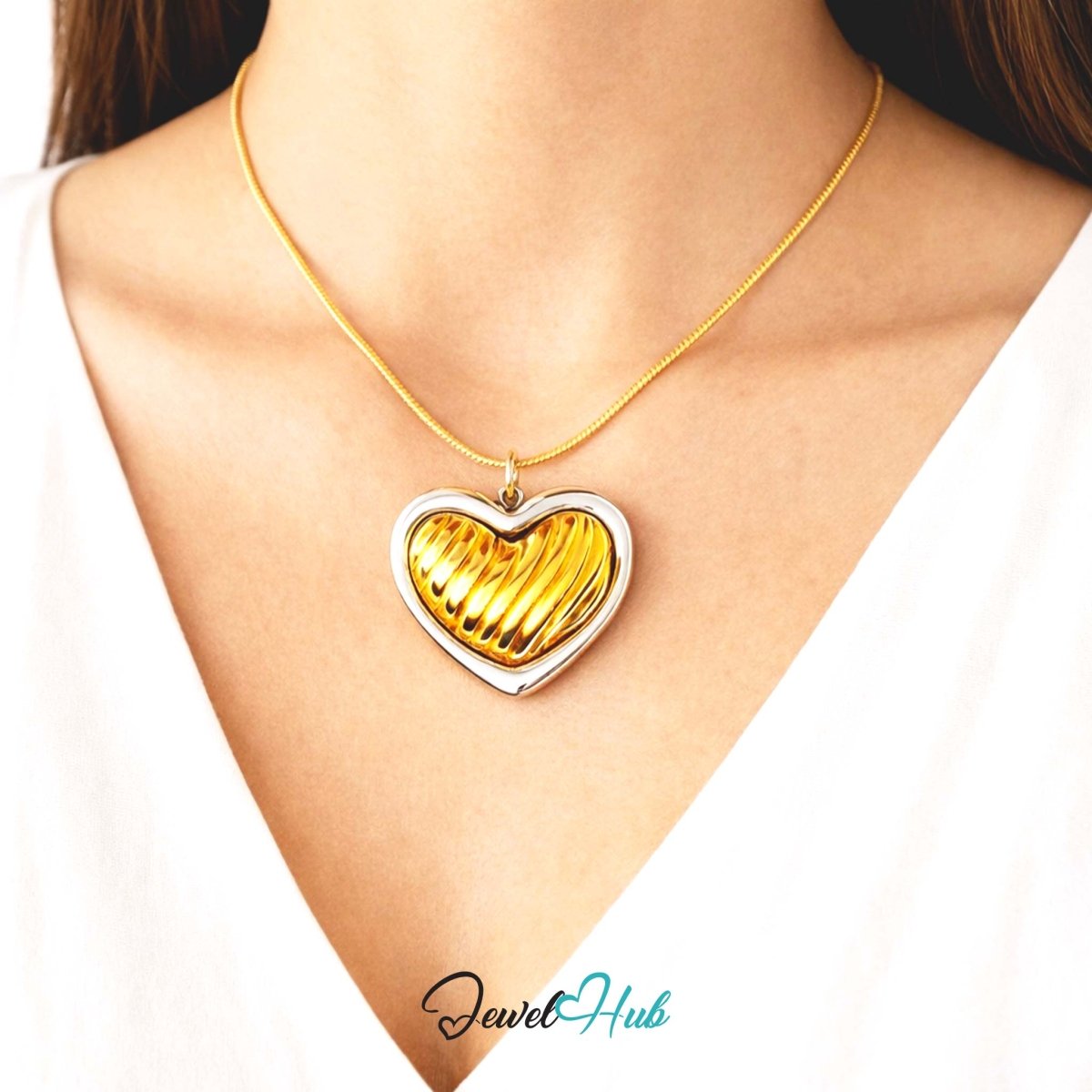 DuoTone Ribbed Gold Heart Pendant Silver Outline Steel Charm - JewelHub.co.uk
