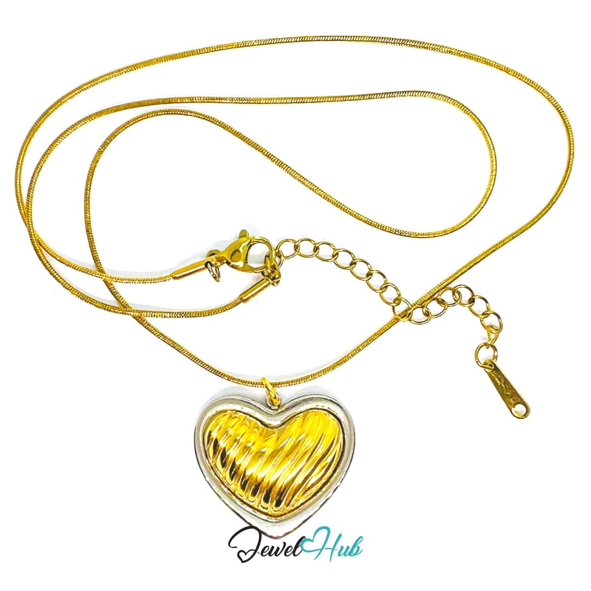 DuoTone Ribbed Gold Heart Pendant Silver Outline Steel Charm - JewelHub.co.uk
