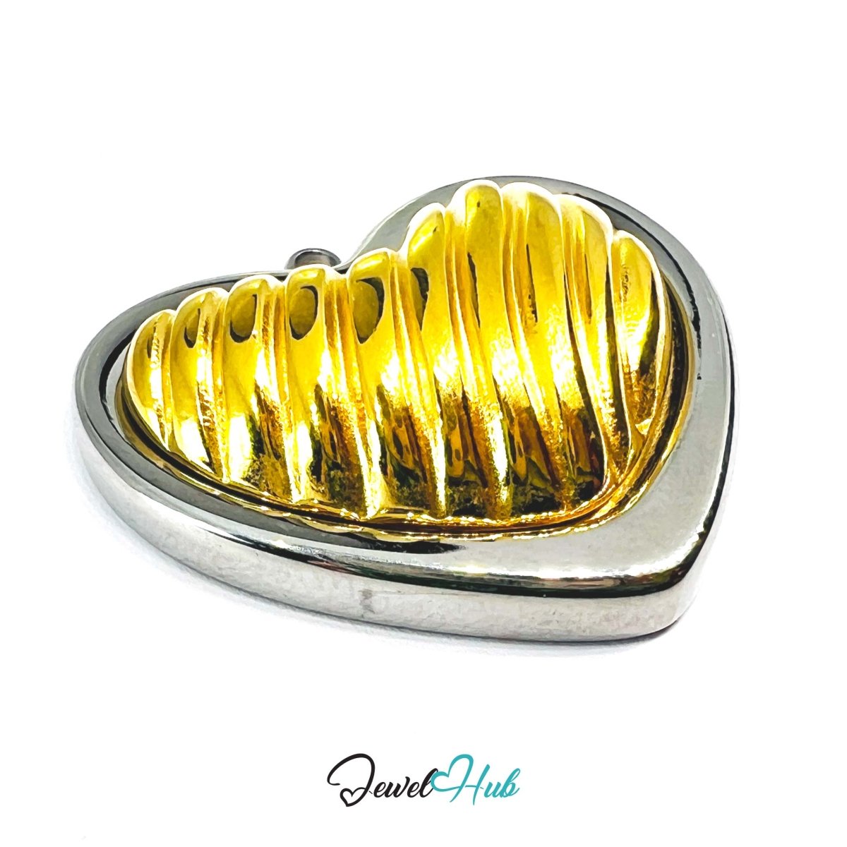 DuoTone Ribbed Gold Heart Pendant Silver Outline Steel Charm - JewelHub.co.uk