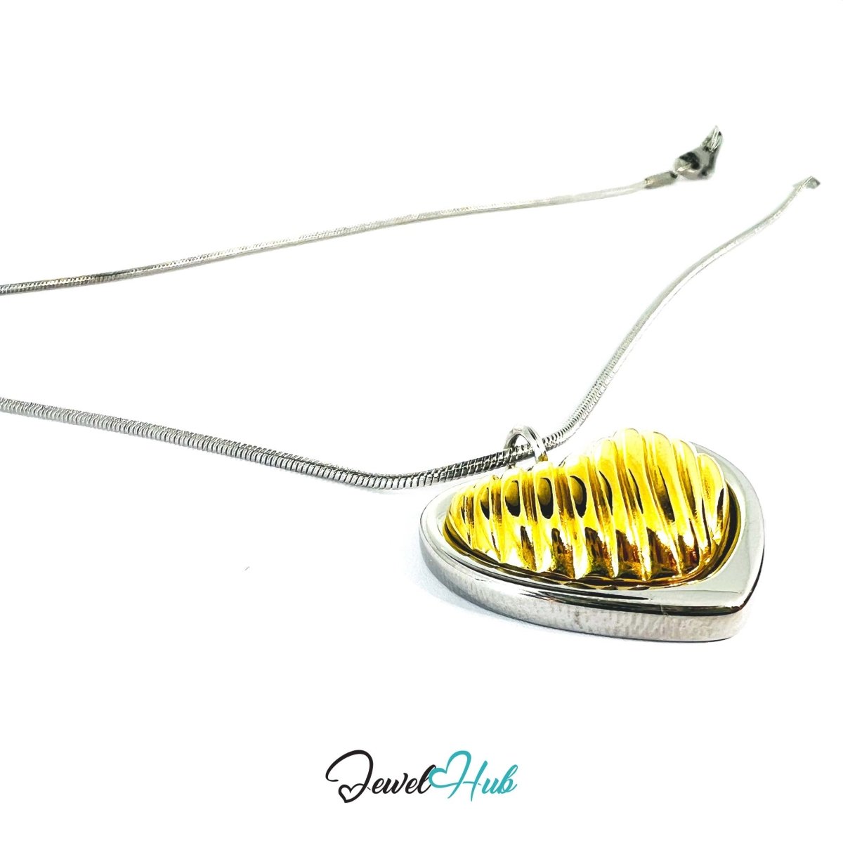 DuoTone Ribbed Gold Heart Pendant Silver Outline Steel Charm - JewelHub.co.uk